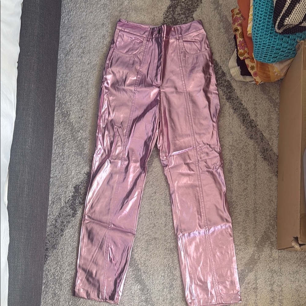 Metallic Pink High-Waist Pants